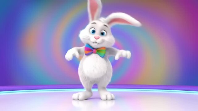Joyful white bunny dancing with rainbow tie. Cartoon style against colorful background. Festive, whimsical, easter, celebration.