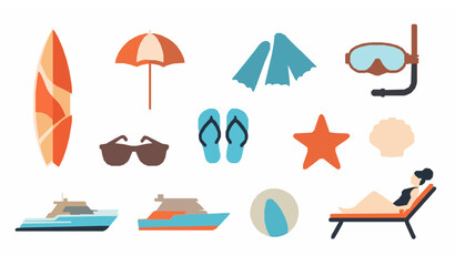 Summer beach lifestyle and water sport vector icon collection