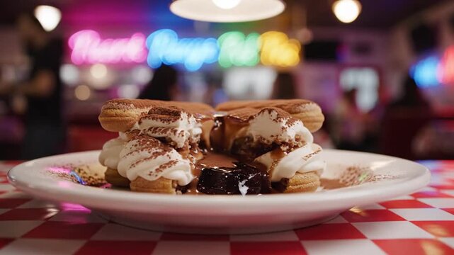 Delicious profiteroles dessert with chocolate sauce on checkered table in retro diner