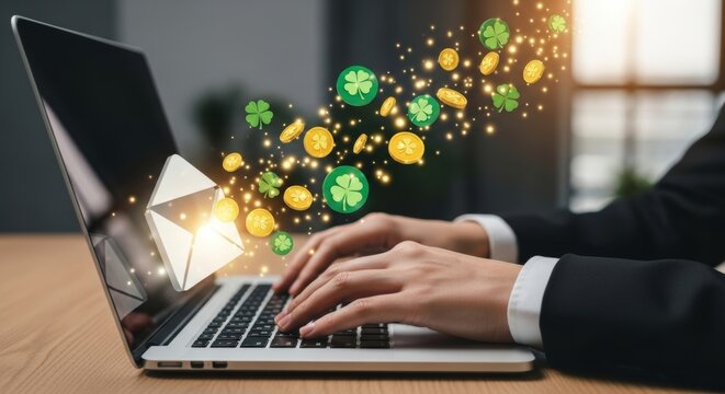 Business hands typing on laptop with glowing green holographic clovers for St. Patrick's Day.