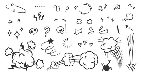Comic marks. Hand draw effect. Question and cloud puff. Scribble sketch line and movement arrow. Fun emoticon expression. Manga dizzy stars. Outline bang. Vector graphic elements set © SpicyTruffel