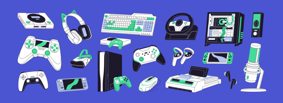 Video game devices set. Modern computer accessories: keyboard, headset. Videogames items for gamers. Gadgets, equipments to play: console, joystick, gamepad. Flat isolated vector illustrations.