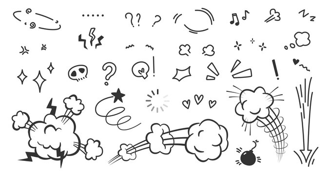 Comic marks. Hand draw effect. Question and cloud puff. Scribble sketch line and movement arrow. Fun emoticon expression. Manga dizzy stars. Outline bang. Vector graphic elements set