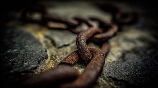 Rusted iron chains and broken manacles on a stone floor in dim light. public awareness campaigns, NGO reports, designed for public awareness campaigns and NGO communications.