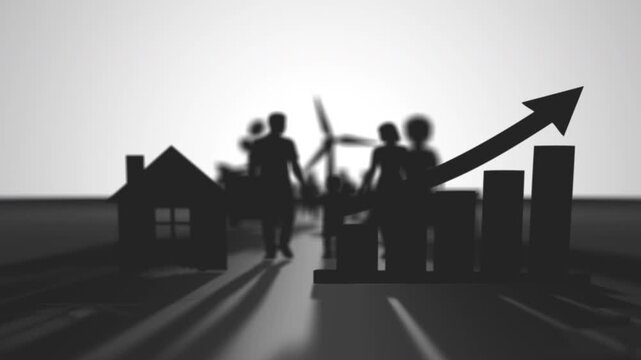 Abstract papercut scene with blurred workforce silhouettes, wind turbine, chart arrow and circular icon, cinematic depth of field and minimal background for business growth concept.