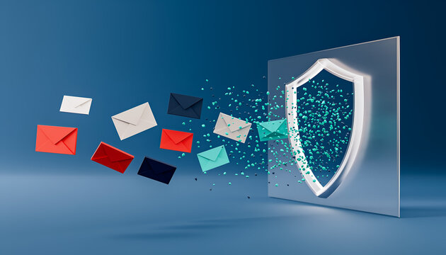 Email security concept with shield firewall protecting incoming messages, phishing and spam filtering protection background