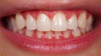 Close-up of a woman's smiling mouth showing healthy gums and perfectly aligned white teeth, with natural pink lips.