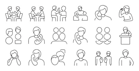 Fototapeta premium People communication and talking line icons including telephone calls meetings and group discussion