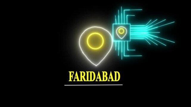 Faridabad tex animated video . glowing blue location the name of the place with the location has been displayed. Neon Geolocation Marker &ndash; Faridabad Highlight GPS location tracking icon.
