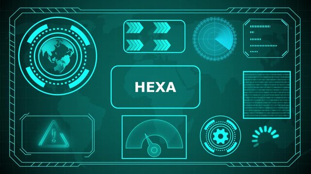Futuristic HUD interface with "Hexa" acronym in glowing blue concentric circles and digital background, HUD The world digital data cyber technology background. 4k animation video