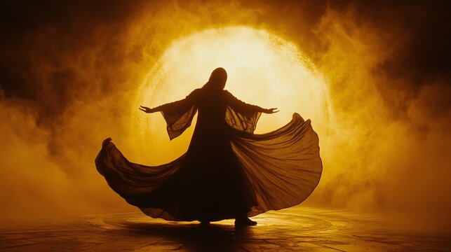 Whirling Dervish Silhouette in Golden Light &ndash; Spiritual Sufi Dance Performance Symbolizing Faith and Devotion