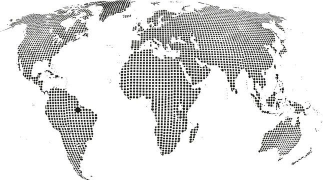 Halftone world map with dotted pattern on white background
