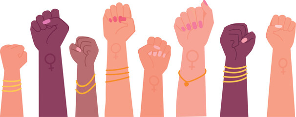Naklejka premium Women fist lift up. Female power illustration