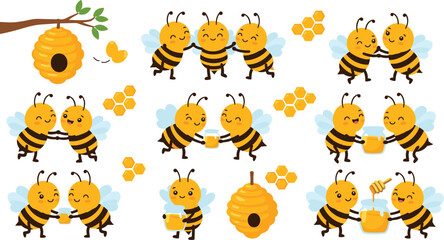 Happy cartoon bees working together with honey © MdTofazzal