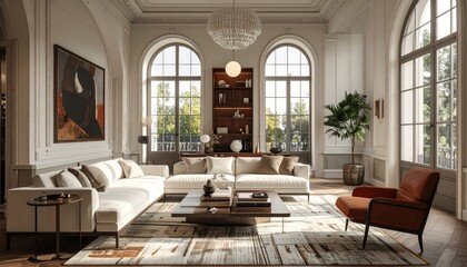 Fototapeta premium Opulent living room showcases light, airy design with elegant furnishings, natural light