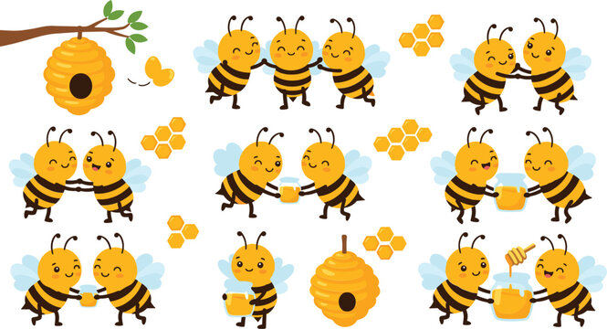 Happy cartoon bees working together with honey