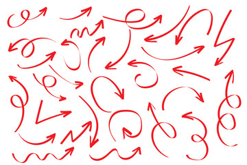 Hand drawn arrows icon set. Sketch curved arrows design. Arrow handmade. Doodle arrows of varios shapes and directions. Pointer and cursor icons. © Top