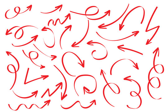 Hand drawn arrows icon set. Sketch curved arrows design. Arrow handmade. Doodle arrows of varios shapes and directions. Pointer and cursor icons.