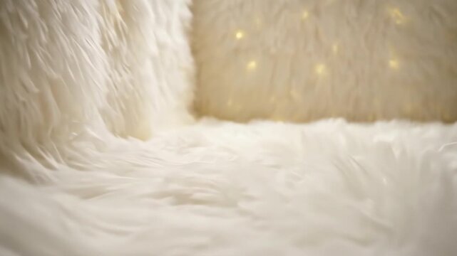 A close-up view of a plush, white, fuzzy surface with soft lighting