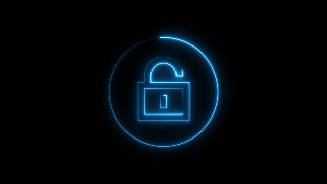 Neon blue glowing lock on black background cybersecurity concept secure padlock symbol in circle