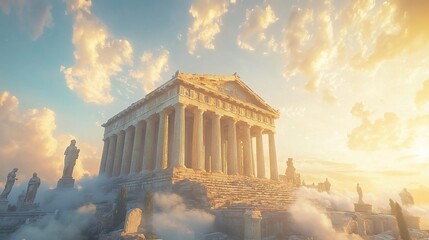 Obraz premium Ancient Greek Temple Ruins with Marble Goddess Statue – Dramatic Clouds and Sun Rays, Classical Civilization Concept