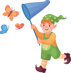Obraz premium Happy boy running after butterflies with net. Summer activity