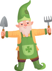 Obraz premium Old gnome with gardening tools. Cartoon irish dwarf