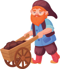 Obraz premium Dwarf push wheelbarrow. Cartoon fairytale gardener character