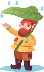 Obraz premium Fantasy character under green leaf hiding from rain drops