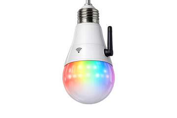 Smart light bulb featuring a wireless antenna and wifi symbol, glowing with rainbow colors, representing smart home innovation. Transparent background