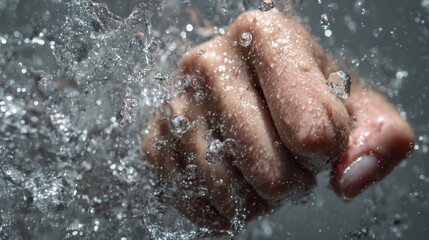 Fototapeta premium Dramatic high-speed shot of a fist impacting water, creating a powerful explosion of droplets and splashes.
