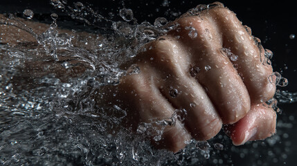 Fototapeta premium Powerful fist punching through water, creating dynamic splashes and droplets in a dramatic, high-speed action shot.