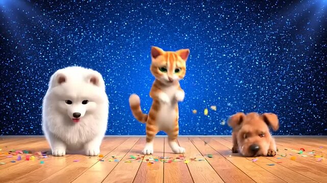 Festive animals - dog and cat duo dance on stage under blue spotlights. Animated, cute and funny cartoon style performance, pet party.