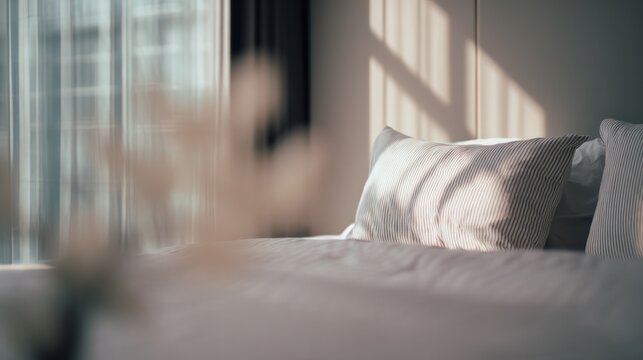Modern bedroom interior with clean lines and soft textiles. real-estate listings, architecture portfolios, designed for interior renovation comparisons for interiors.