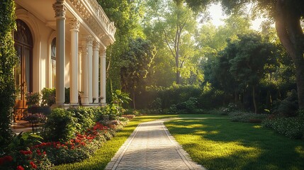 New Luxury Home with Lush Backyard and Elegant Walkway Leading to Ornate Front Porch