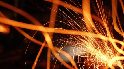Glowing embers and welding flames illuminating a metal workshop forge with dramatic industrial energy. safety posters, designed for factory branding and occupational safety materials.