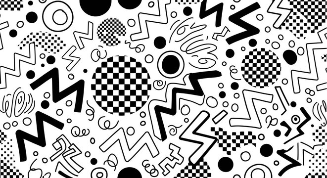 Retro 80s memphis style pattern with geometric shapes zigzags circles and checkerboard elements black and white