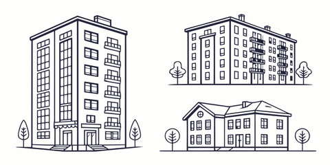 Illustration of three different types of buildings including a high rise, a mid rise and a house © Roton