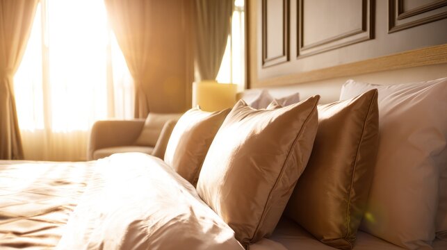 Bright hotel bedroom interior with plush duvet and neatly made mattress in soft morning light. real-estate listings, hospitality marketing, designed for property showcases and accommodation brochures.