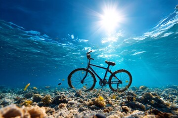Fototapeta premium Sunken Bicycle Underwater in Clear Blue Ocean with Sunlight Reflection