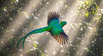 Resplendent Quetzal in a beam of sunlight soaring through the vibrant forest canopy, showcasing its magnificent green plumage and long tail feathers