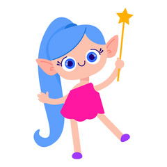 Cute cartoon forest fairy character with a magic wand and long blue hair