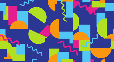 Obraz premium Retro memphis style geometric pattern with vibrant circles rectangles and wavy lines on a purple background