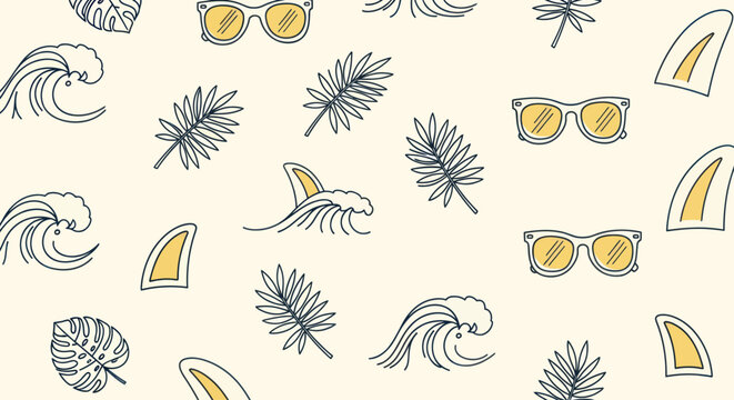 Summer vacation pattern with waves, sunglasses, and tropical leaves.