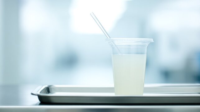 White barium suspension in medical cup with straw, on sterile tray. bar promotions, beverage menus, designed for food & beverage menus and cafe branding, used by art directors.