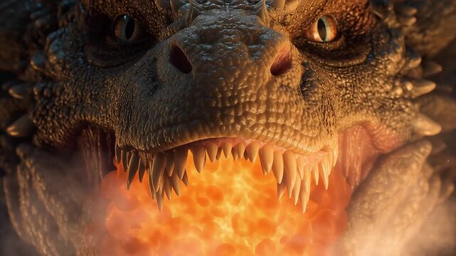 Intense close up of a roaring fantasy dragon with sharp teeth glowing eyes and detailed scales creating a powerful dark mythical background