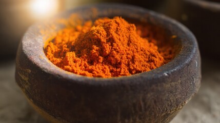 Top view of textured red seasoning in a coarse clay bowl on kitchen countertop. menu design, packaging mockups, designed for food blogs and restaurant branding materials.