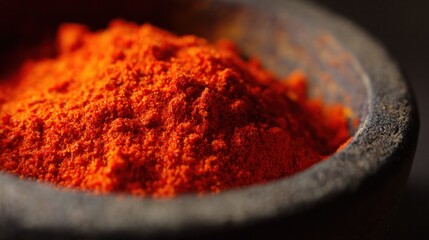 Rustic clay mortar brimming with vivid orange red spice powder on stone surface. menu design, packaging mockups, designed for culinary blogs and restaurant recipe cards.