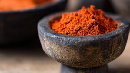 A coarse clay mortar filled with vibrant orange-red textured spice powder. menu design, packaging mockups, designed for culinary blogs and recipe cards for restaurants.