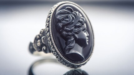 Classical onyx gemstone ring with an intricately carved Greek goddess intaglio. event programs, museum guides, designed for cultural heritage projects and event programs.